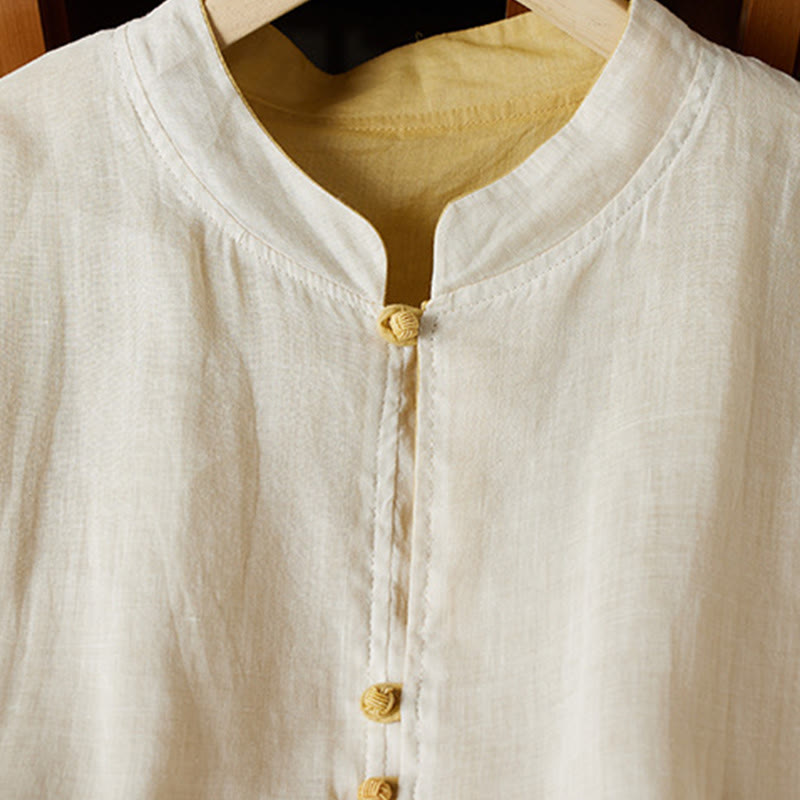 Buddha Stones PLUS SIZE Koszula z dekoltem w serek, swobodna, jednokolorowa, z długim rękawem, bawełniana, lniana, damska