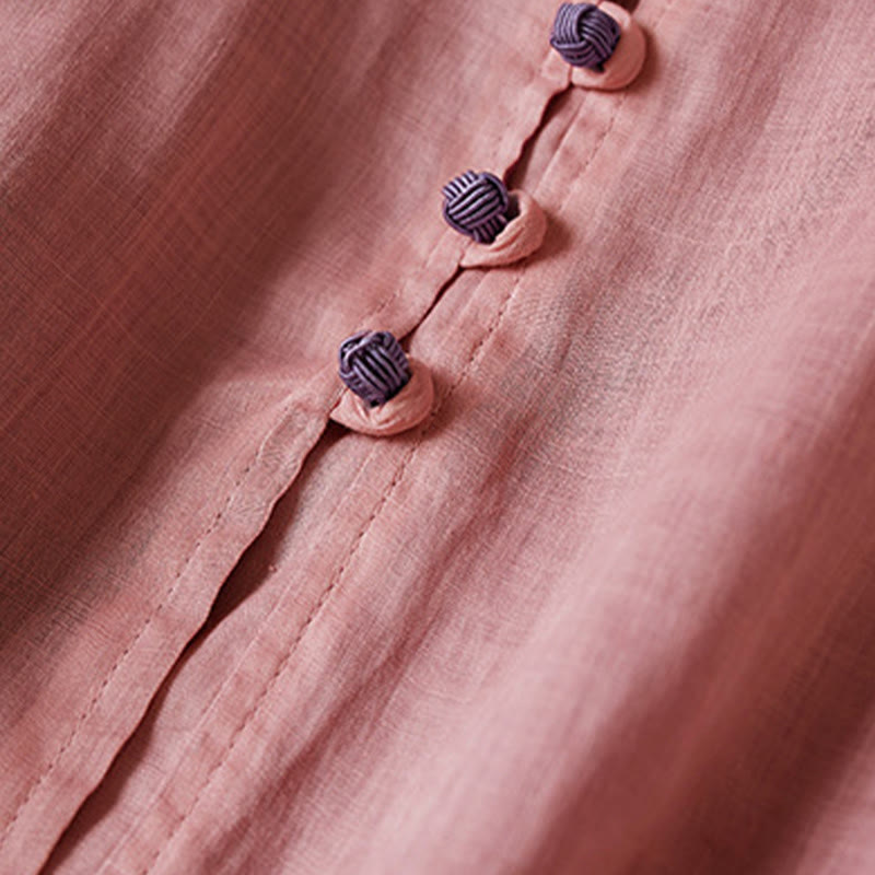 Buddha Stones PLUS SIZE Koszula z dekoltem w serek, swobodna, jednokolorowa, z długim rękawem, bawełniana, lniana, damska