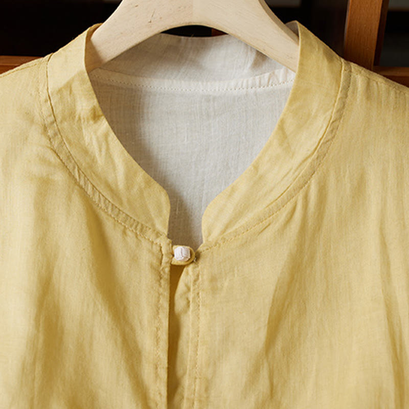 Buddha Stones PLUS SIZE Koszula z dekoltem w serek, swobodna, jednokolorowa, z długim rękawem, bawełniana, lniana, damska