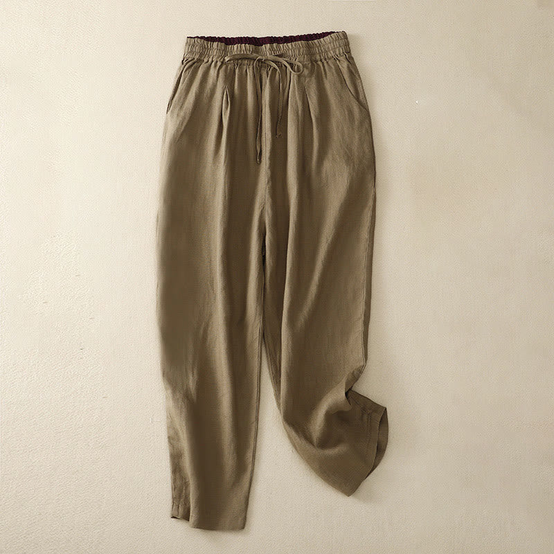 Buddha Stones Vintage Wysokie Spodnie Haremowe Z Sznurkiem Z Bawełny Lnianej Z Kieszeniami - Ciemna Nawłoć - US8-10，UK/AU12-14，EU40-42 (2XL) - image 0
