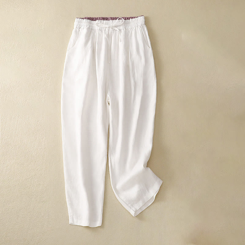 Buddha Stones Vintage Wysokie Spodnie Haremowe Z Sznurkiem Z Bawełny Lnianej Z Kieszeniami - Biały - US8-10，UK/AU12-14，EU40-42 (2XL) - image 19