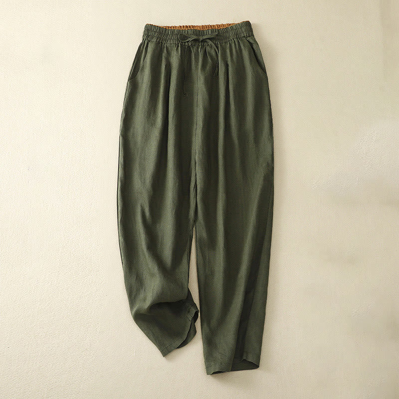 Buddha Stones Vintage Wysokie Spodnie Haremowe Z Sznurkiem Z Bawełny Lnianej Z Kieszeniami - Oliwka - US8-10，UK/AU12-14，EU40-42 (2XL) - image 34