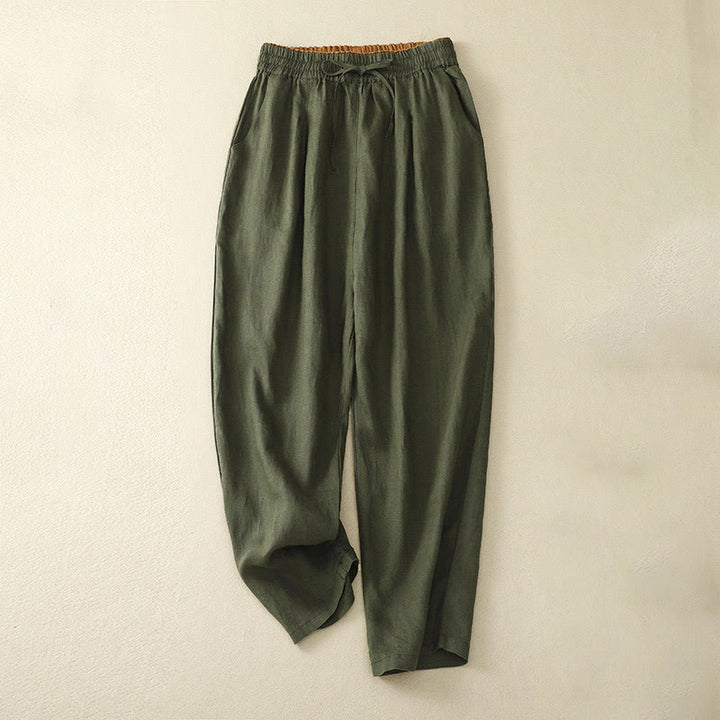 Buddha Stones Vintage Wysokie Spodnie Haremowe Z Sznurkiem Z Bawełny Lnianej Z Kieszeniami - Oliwka - US8-10，UK/AU12-14，EU40-42 (2XL) - image 34