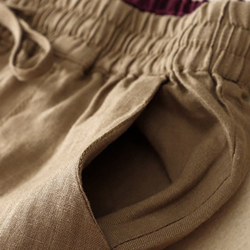 Buddha Stones Vintage Wysokie Spodnie Haremowe Z Sznurkiem Z Bawełny Lnianej Z Kieszeniami - image 2