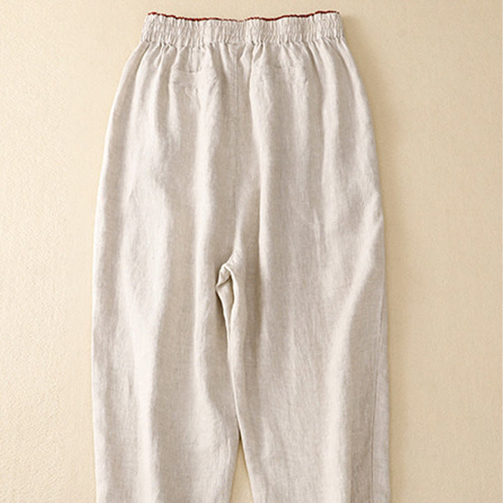 Buddha Stones Vintage Wysokie Spodnie Haremowe Z Sznurkiem Z Bawełny Lnianej Z Kieszeniami - image 32