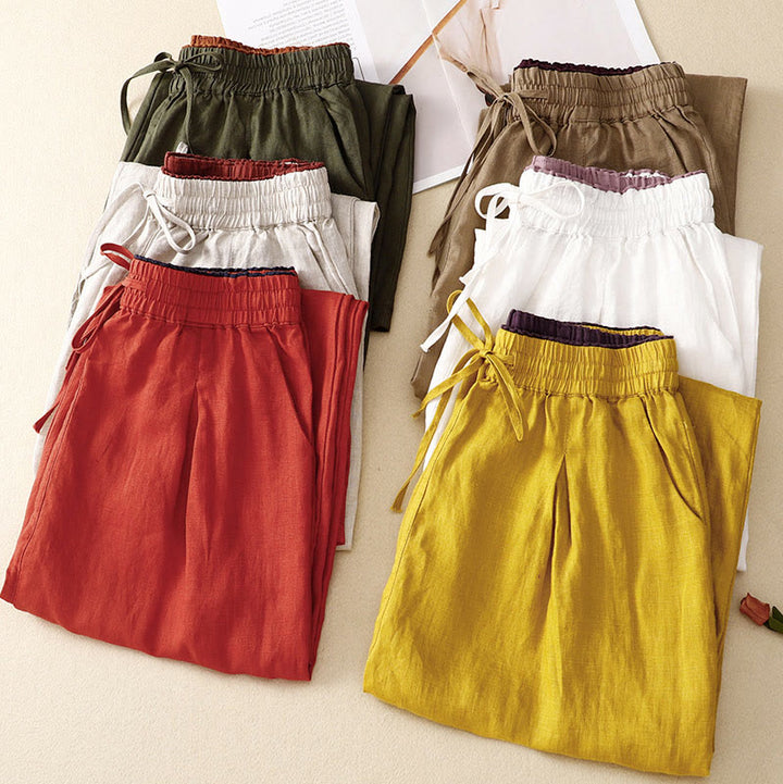 Buddha Stones Vintage Wysokie Spodnie Haremowe Z Sznurkiem Z Bawełny Lnianej Z Kieszeniami - image 1