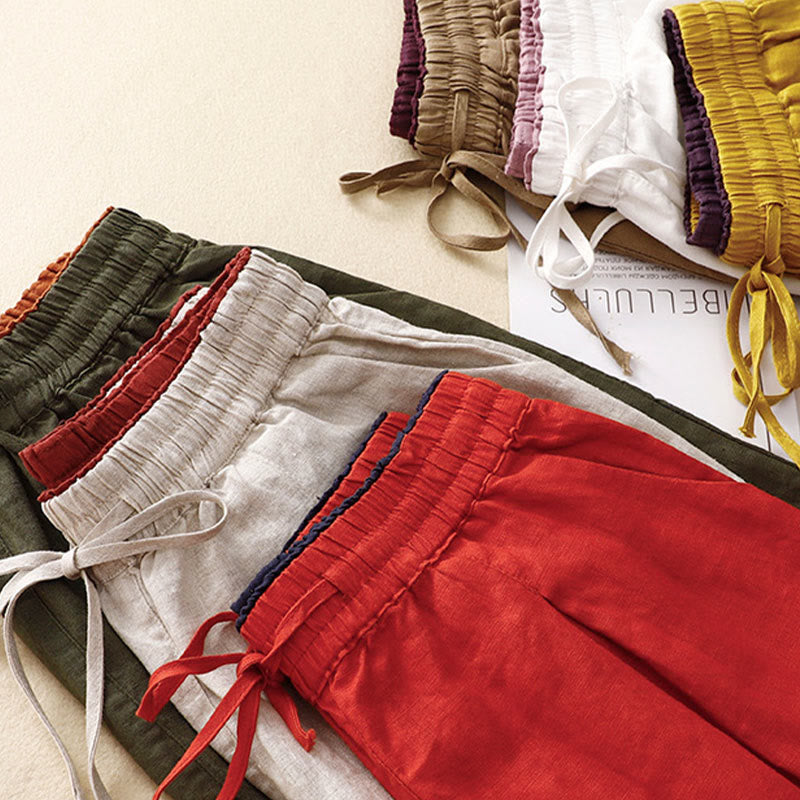 Buddha Stones Vintage Wysokie Spodnie Haremowe Z Sznurkiem Z Bawełny Lnianej Z Kieszeniami - image 43