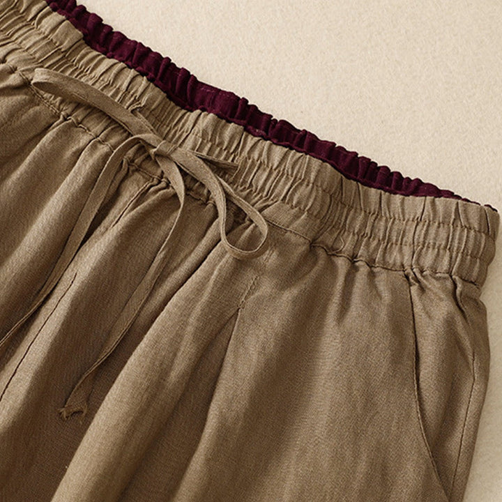 Buddha Stones Vintage Wysokie Spodnie Haremowe Z Sznurkiem Z Bawełny Lnianej Z Kieszeniami - image 3