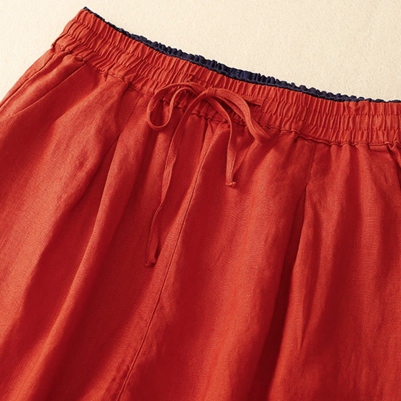 Buddha Stones Vintage Wysokie Spodnie Haremowe Z Sznurkiem Z Bawełny Lnianej Z Kieszeniami - image 8