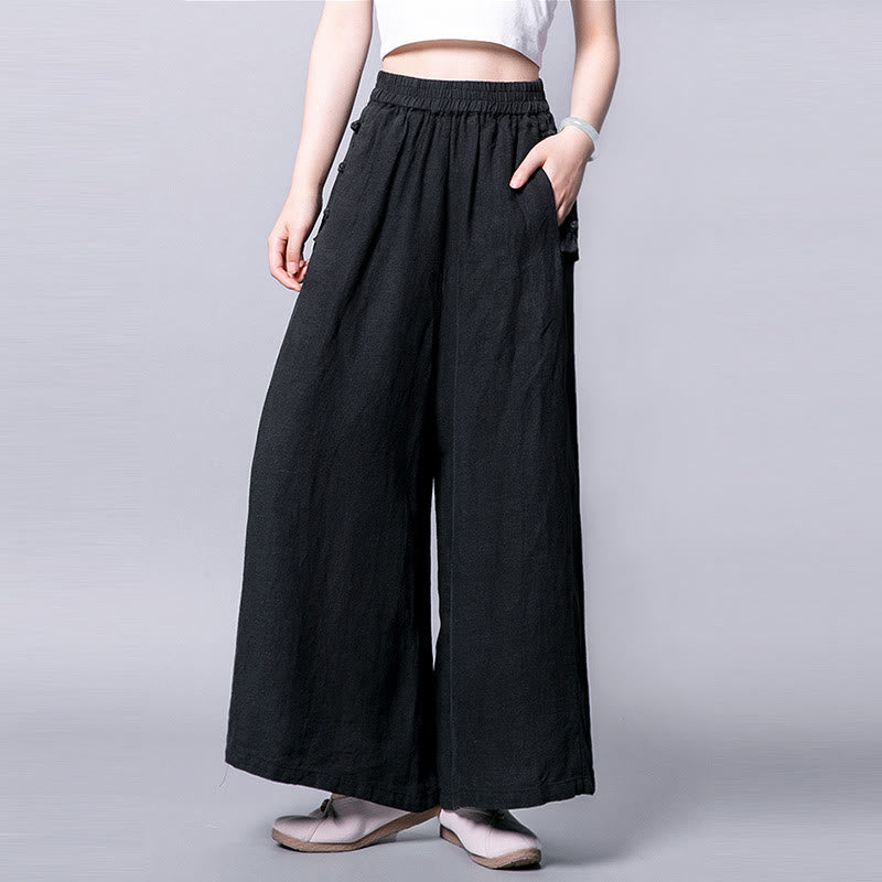 Spodnie Buddha Stones Casual Cotton Frog-Button z wysokim stanem i szerokimi nogawkami i kieszeniami