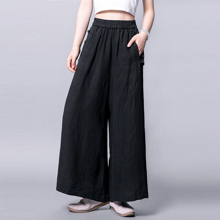 Spodnie Buddha Stones Casual Cotton Frog-Button z wysokim stanem i szerokimi nogawkami i kieszeniami