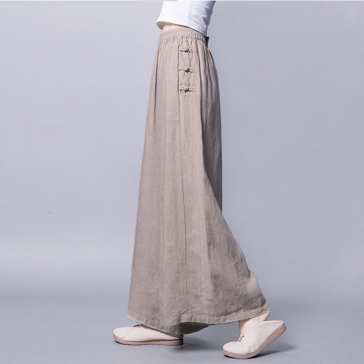 Spodnie Buddha Stones Casual Cotton Frog-Button z wysokim stanem i szerokimi nogawkami i kieszeniami
