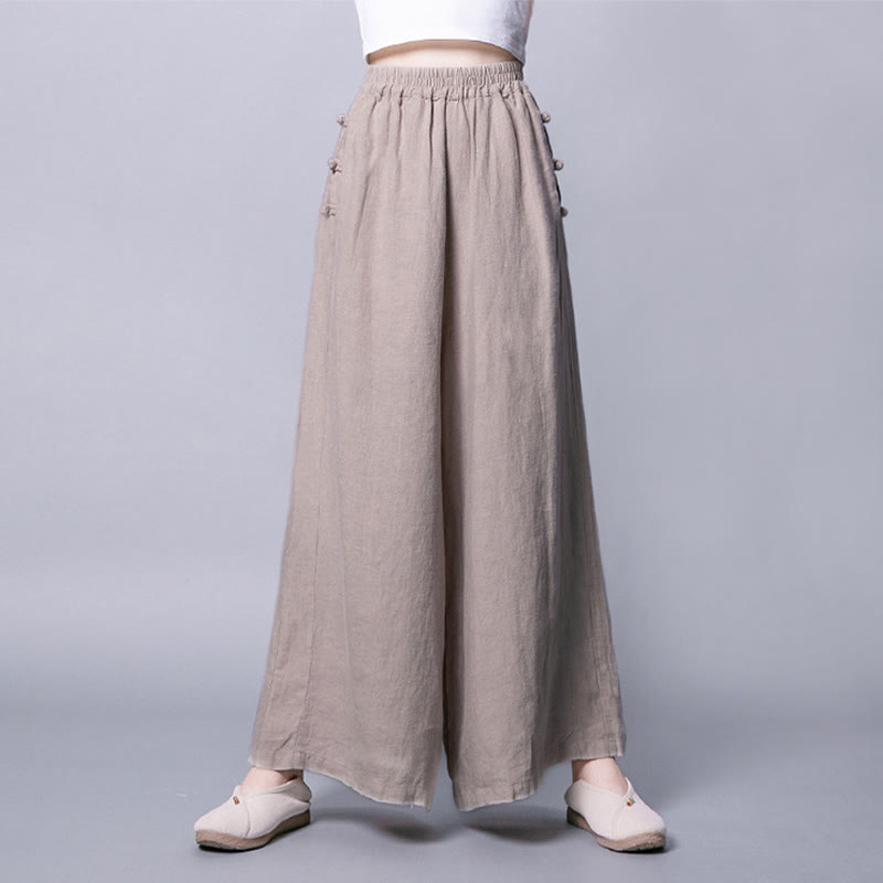 Spodnie Buddha Stones Casual Cotton Frog-Button z wysokim stanem i szerokimi nogawkami i kieszeniami
