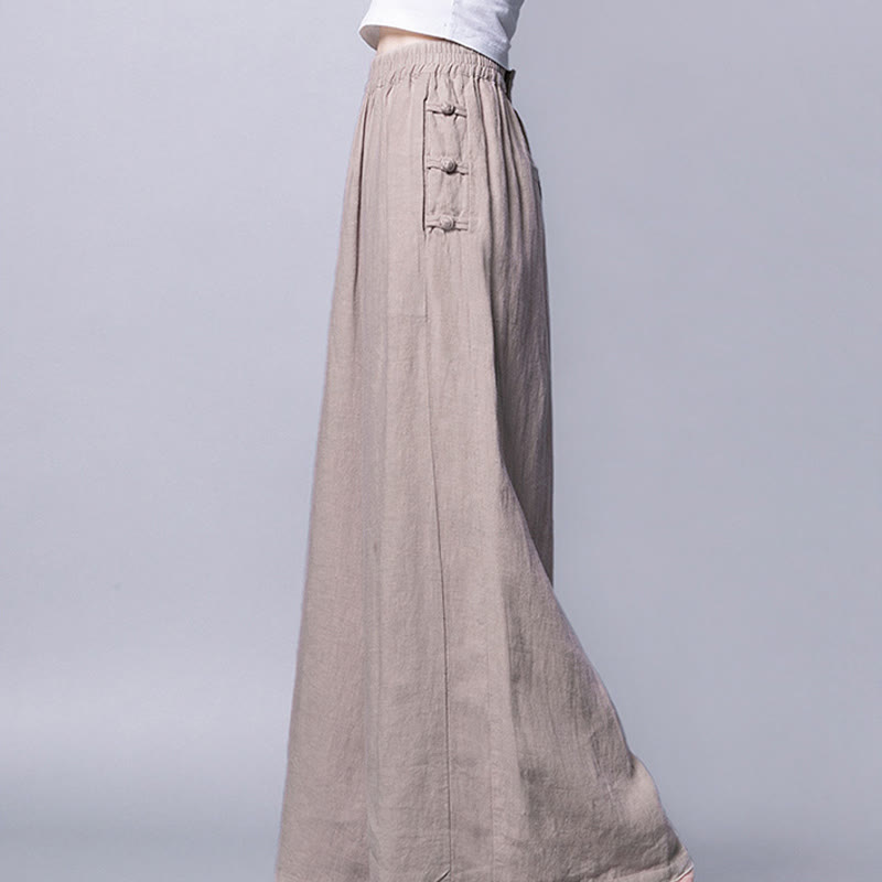 Spodnie Buddha Stones Casual Cotton Frog-Button z wysokim stanem i szerokimi nogawkami i kieszeniami
