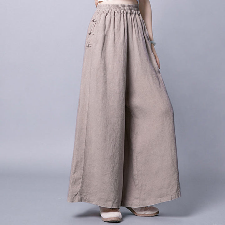 Spodnie Buddha Stones Casual Cotton Frog-Button z wysokim stanem i szerokimi nogawkami i kieszeniami