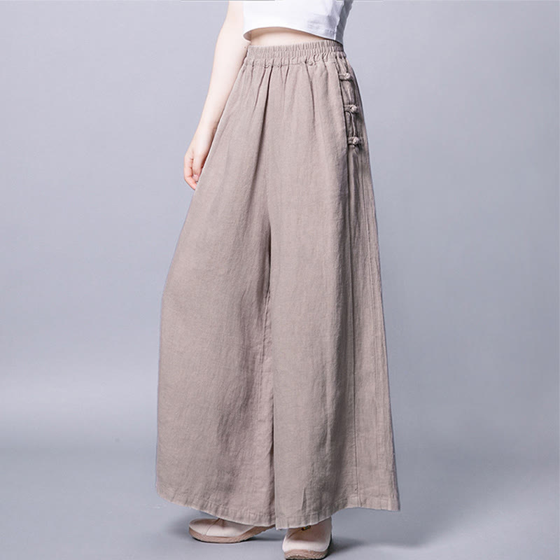Spodnie Buddha Stones Casual Cotton Frog-Button z wysokim stanem i szerokimi nogawkami i kieszeniami