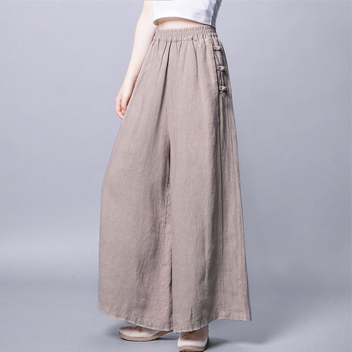 Spodnie Buddha Stones Casual Cotton Frog-Button z wysokim stanem i szerokimi nogawkami i kieszeniami