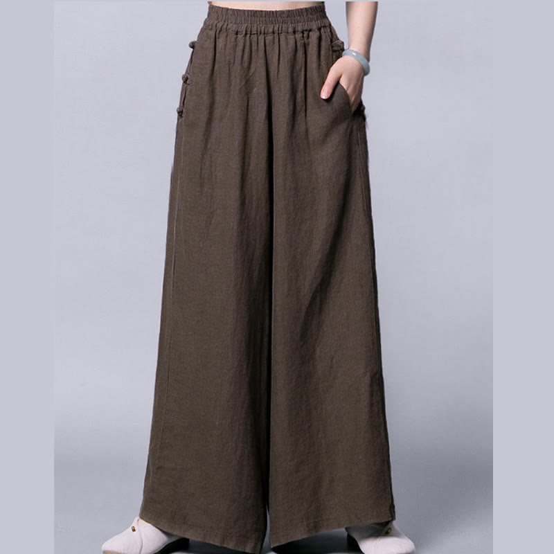 Spodnie Buddha Stones Casual Cotton Frog-Button z wysokim stanem i szerokimi nogawkami i kieszeniami