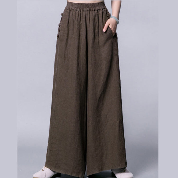 Spodnie Buddha Stones Casual Cotton Frog-Button z wysokim stanem i szerokimi nogawkami i kieszeniami