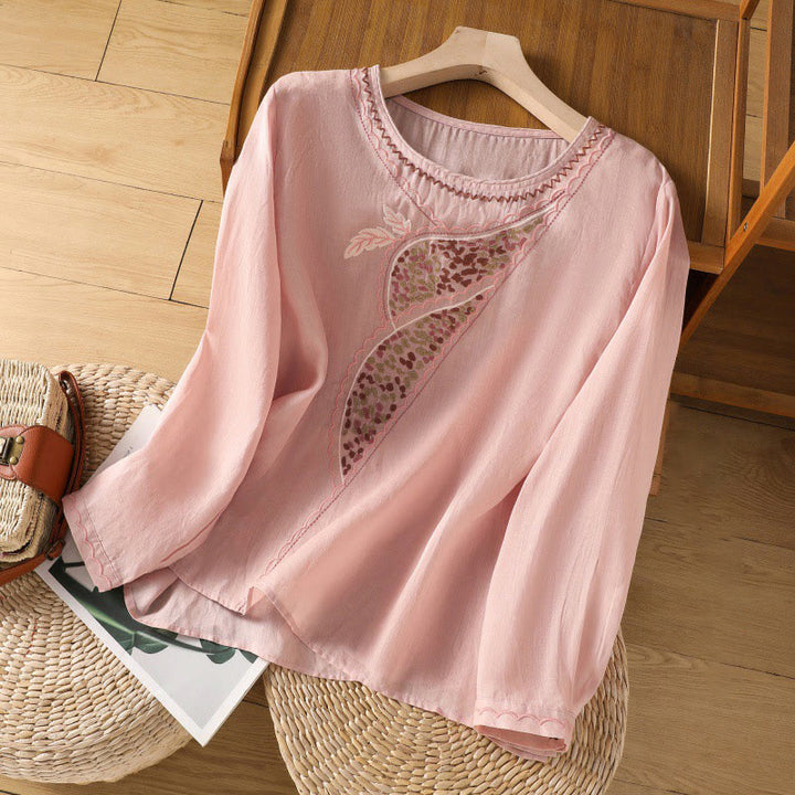 Buddha Stones Etniczne Haftowane Okrągły Dekolt Bawełna Len Sweter Odzież - Różowy - US8-10，UK/AU12-14，EU40-42 (2XL) - image 19