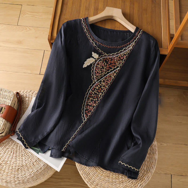 Buddha Stones Etniczne Haftowane Okrągły Dekolt Bawełna Len Sweter Odzież - MidnightBlue - US8-10，UK/AU12-14，EU40-42 (2XL) - image 4