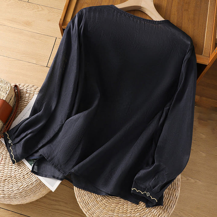 Buddha Stones Etniczne Haftowane Okrągły Dekolt Bawełna Len Sweter Odzież - image 5