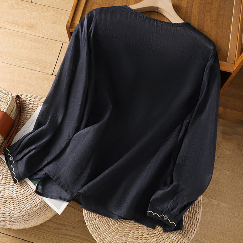 Buddha Stones Etniczne Haftowane Okrągły Dekolt Bawełna Len Sweter Odzież - image 5