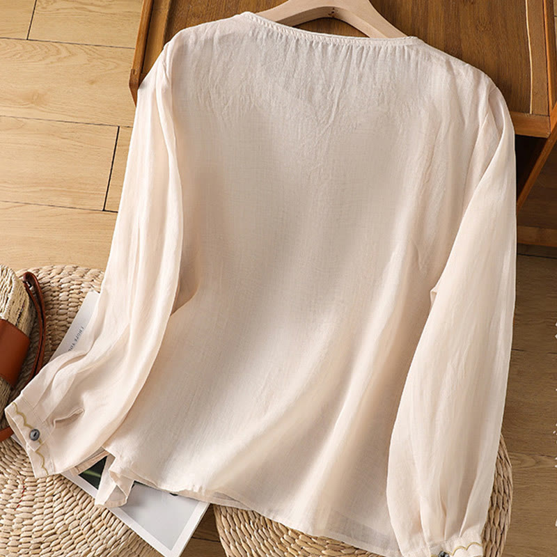 Buddha Stones Etniczne Haftowane Okrągły Dekolt Bawełna Len Sweter Odzież - image 3