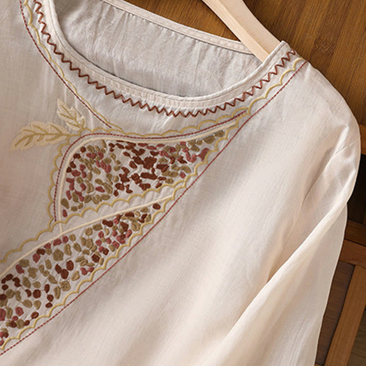 Buddha Stones Etniczne Haftowane Okrągły Dekolt Bawełna Len Sweter Odzież - image 27