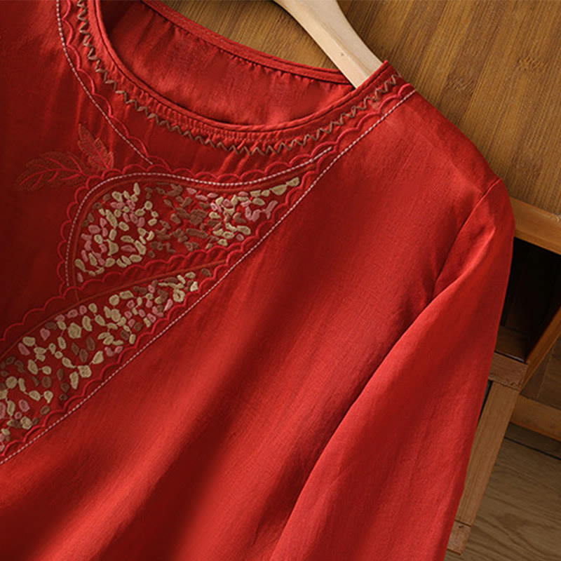 Buddha Stones Etniczne Haftowane Okrągły Dekolt Bawełna Len Sweter Odzież - image 14