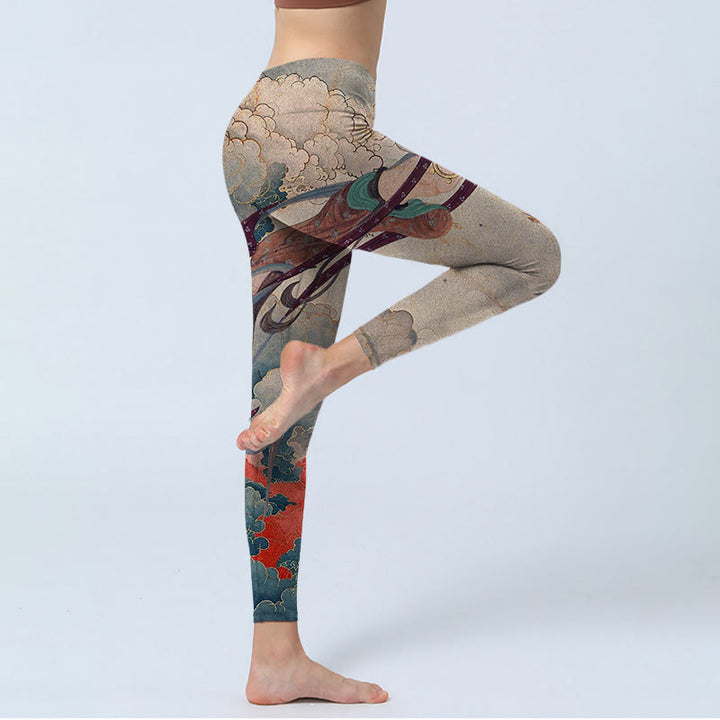 Buddha Stones Dunhuang Latające Apsaras Pomyślne Chmury Nadruk Fitness Legginsy Damskie Spodnie Do Jogi - image 5
