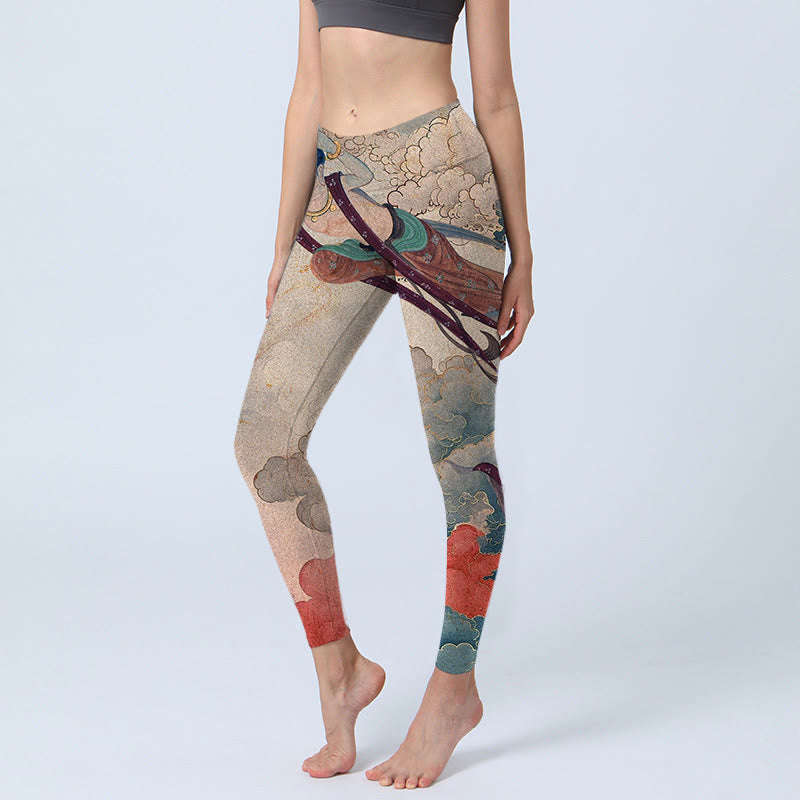 Buddha Stones Dunhuang Latające Apsaras Pomyślne Chmury Nadruk Fitness Legginsy Damskie Spodnie Do Jogi - Dębnik - US18, UK/AU22, EU50 (4XL) - image 0