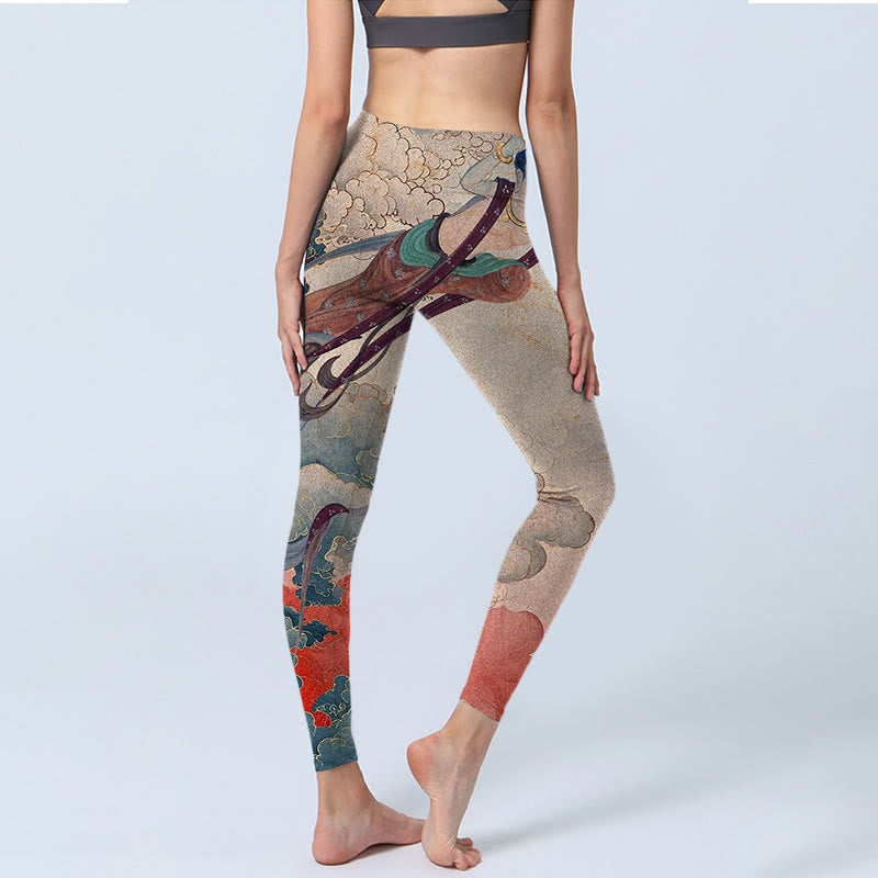 Buddha Stones Dunhuang Latające Apsaras Pomyślne Chmury Nadruk Fitness Legginsy Damskie Spodnie Do Jogi - image 5
