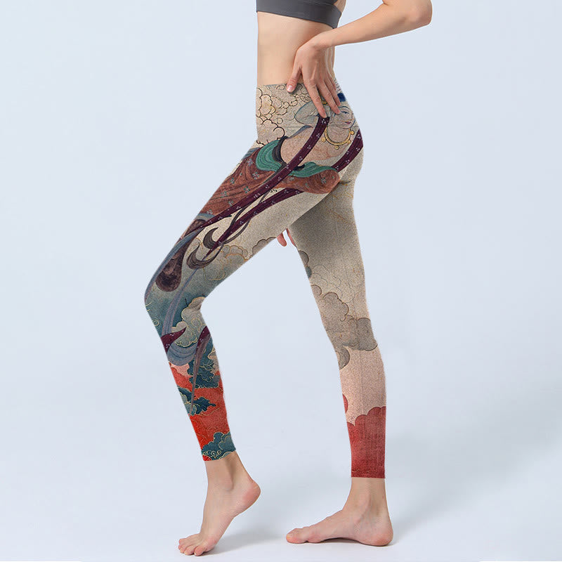 Buddha Stones Dunhuang Latające Apsaras Pomyślne Chmury Nadruk Fitness Legginsy Damskie Spodnie Do Jogi - image 3