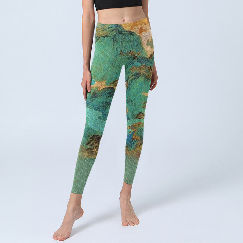 Buddha Stones w stylu chińskim Zielone góry Krajobraz Drukuj Tkanina Lycra Fitness Legginsy Damskie Spodnie do Jogi - image 6