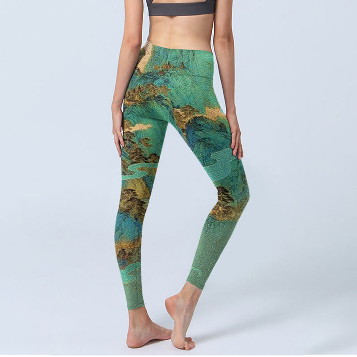 Buddha Stones w stylu chińskim Zielone góry Krajobraz Drukuj Tkanina Lycra Fitness Legginsy Damskie Spodnie do Jogi - image 4