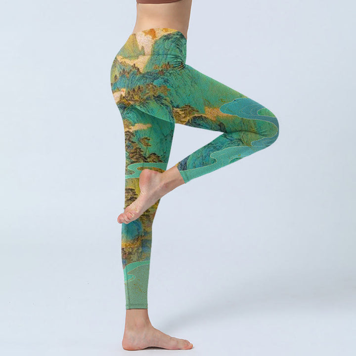 Buddha Stones w stylu chińskim Zielone góry Krajobraz Drukuj Tkanina Lycra Fitness Legginsy Damskie Spodnie do Jogi - image 5