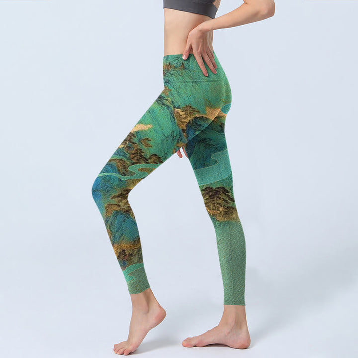 Buddha Stones w stylu chińskim Zielone góry Krajobraz Drukuj Tkanina Lycra Fitness Legginsy Damskie Spodnie do Jogi - image 3