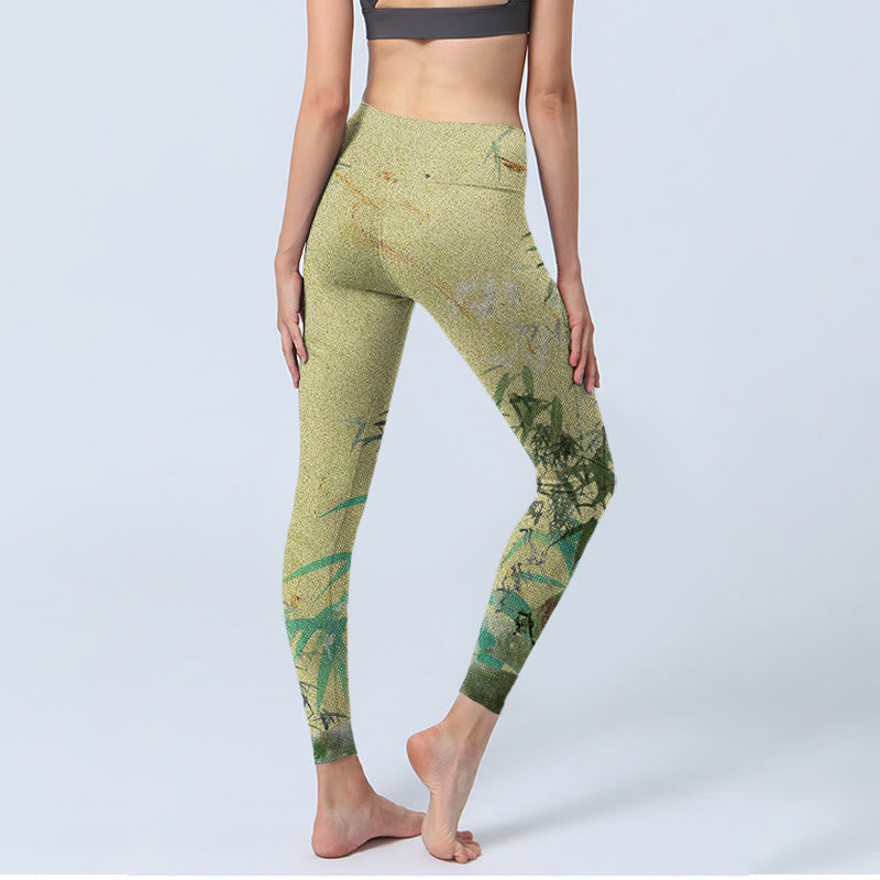 Leginsy fitness z nadrukiem z bambusa i lycry z Buddha Stones, damskie spodnie do jogi - image 4