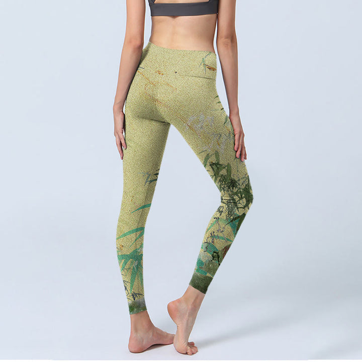 Leginsy fitness z nadrukiem z bambusa i lycry z Buddha Stones, damskie spodnie do jogi - image 4