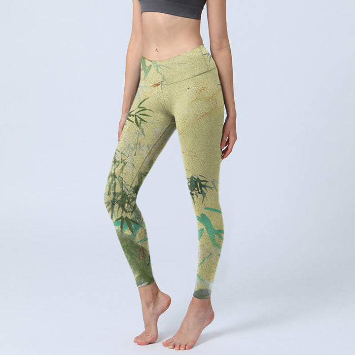 Leginsy fitness z nadrukiem z bambusa i lycry z Buddha Stones, damskie spodnie do jogi - Blada nawłoć - US18, UK/AU22, EU50 (4XL) - image 1