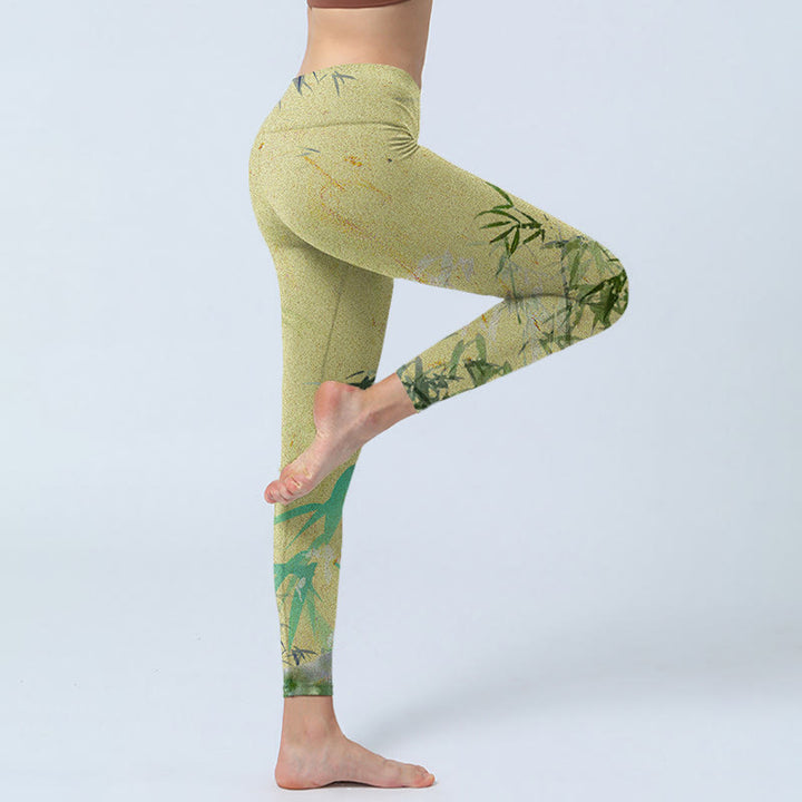 Leginsy fitness z nadrukiem z bambusa i lycry z Buddha Stones, damskie spodnie do jogi - image 5
