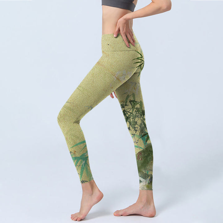 Leginsy fitness z nadrukiem z bambusa i lycry z Buddha Stones, damskie spodnie do jogi - image 3