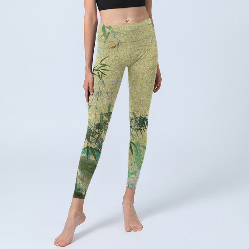 Leginsy fitness z nadrukiem z bambusa i lycry z Buddha Stones, damskie spodnie do jogi - image 6