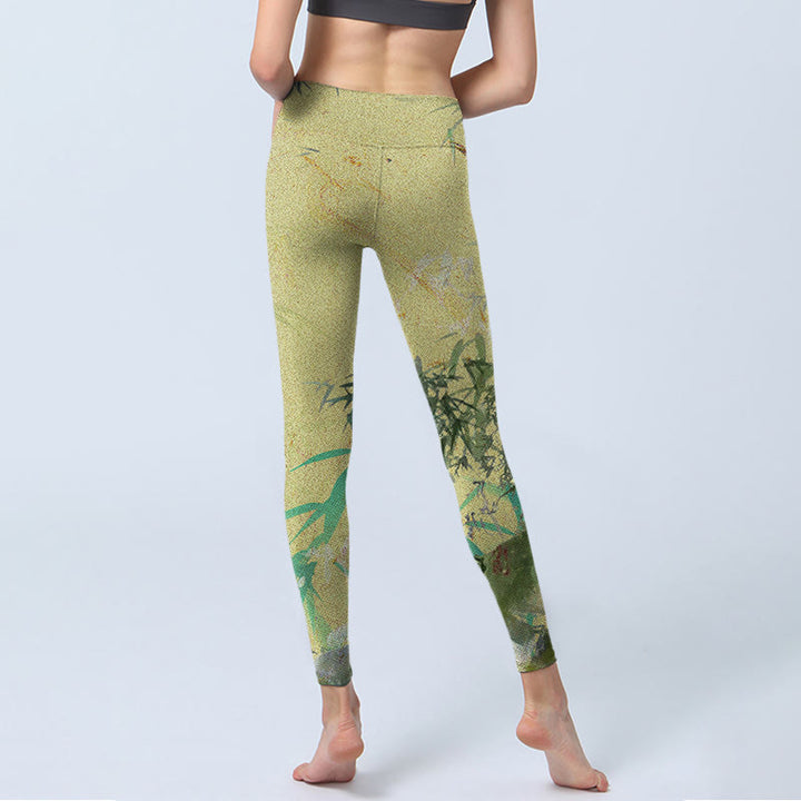 Leginsy fitness z nadrukiem z bambusa i lycry z Buddha Stones, damskie spodnie do jogi - image 7