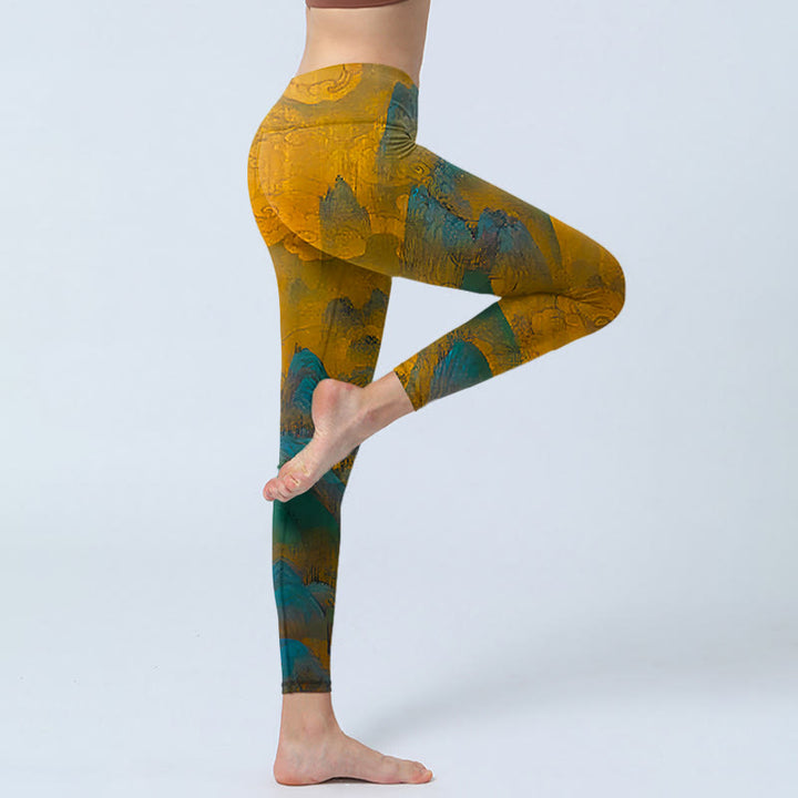 Buddha Stones Ciemny Złoty Rod Górski Nadruk Fitness Legginsy Damskie Spodnie Do Jogi - image 4