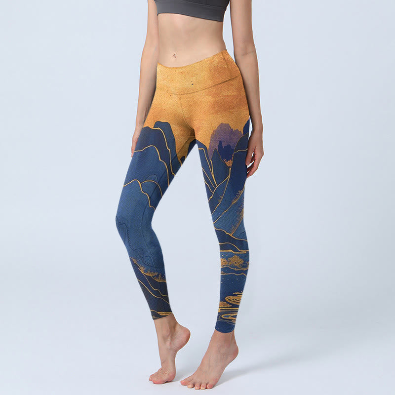 Buddha Stones Ciemnoniebieskie Góry Zachód Słońca Nadruk Leginsy Fitness Damskie Spodnie Do Jogi - MidnightBlue - US18, UK/AU22, EU50 (4XL) - image 1