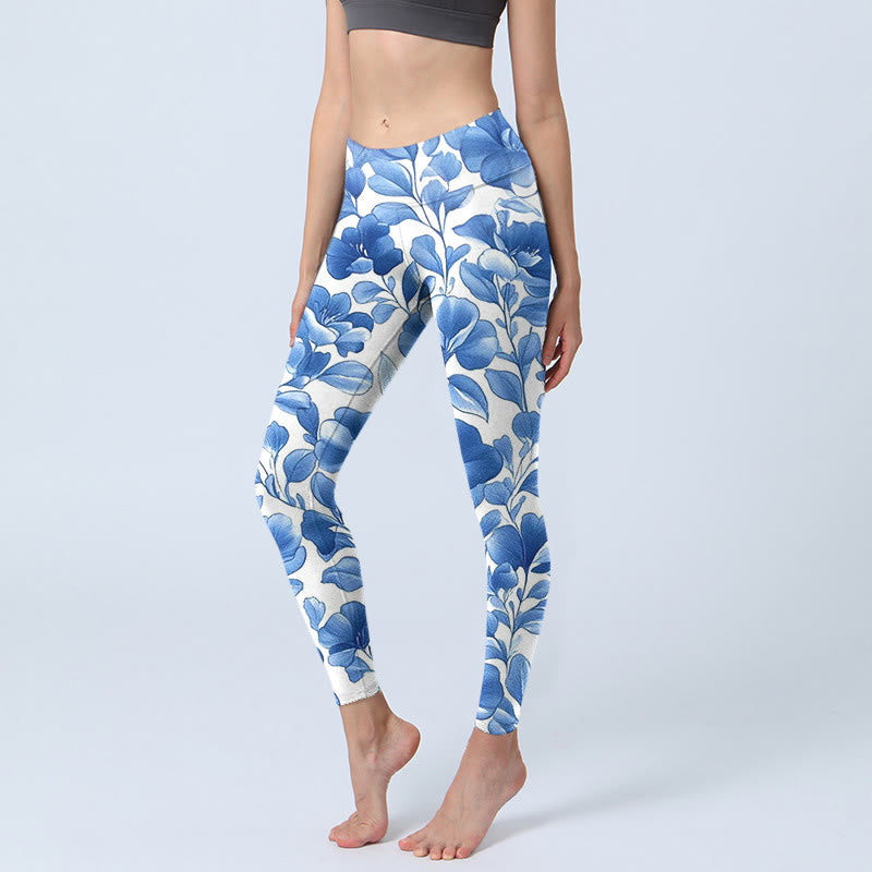 Buddha Stones Niebieskie Kwiaty Nadruk Legginsy Fitness Damskie Spodnie Do Jogi - LightSkyBlue - US18, UK/AU22, EU50 (4XL) - image 1