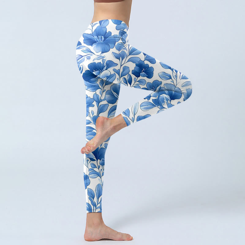 Buddha Stones Niebieskie Kwiaty Nadruk Legginsy Fitness Damskie Spodnie Do Jogi - image 4