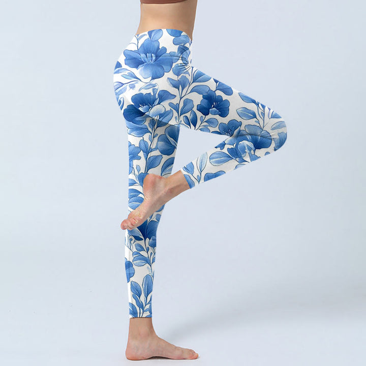 Buddha Stones Niebieskie Kwiaty Nadruk Legginsy Fitness Damskie Spodnie Do Jogi - image 4